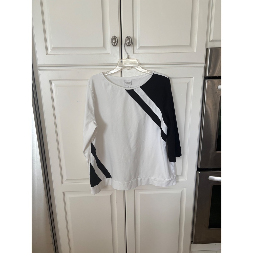 Weekends by Chico's Women Black White Colorblock Striped Top Size XL